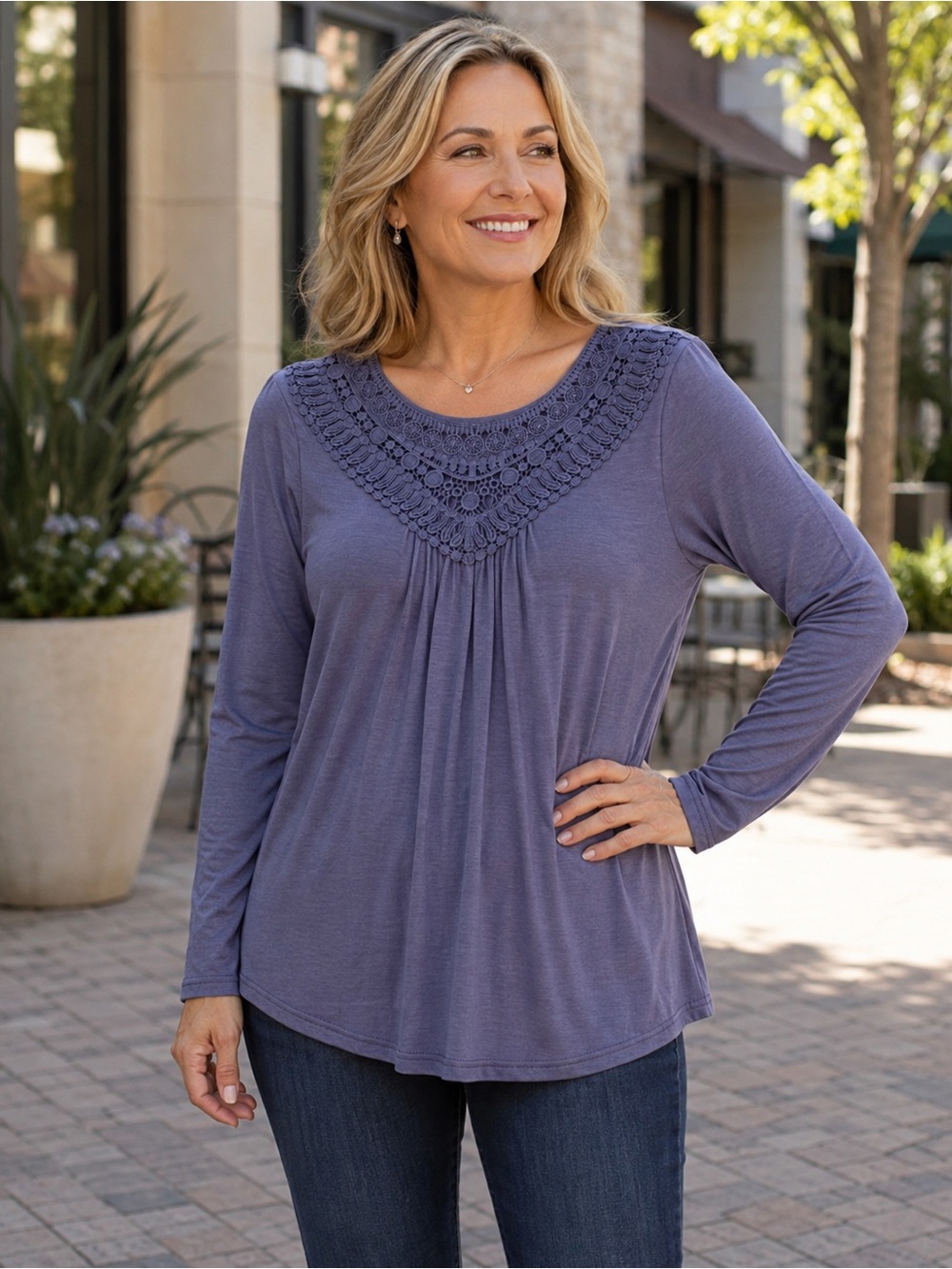 A. JESDANI Top Boho Crochet Lace Yoke Pleated Scoop Neck Long Sleeve Relaxed Fit